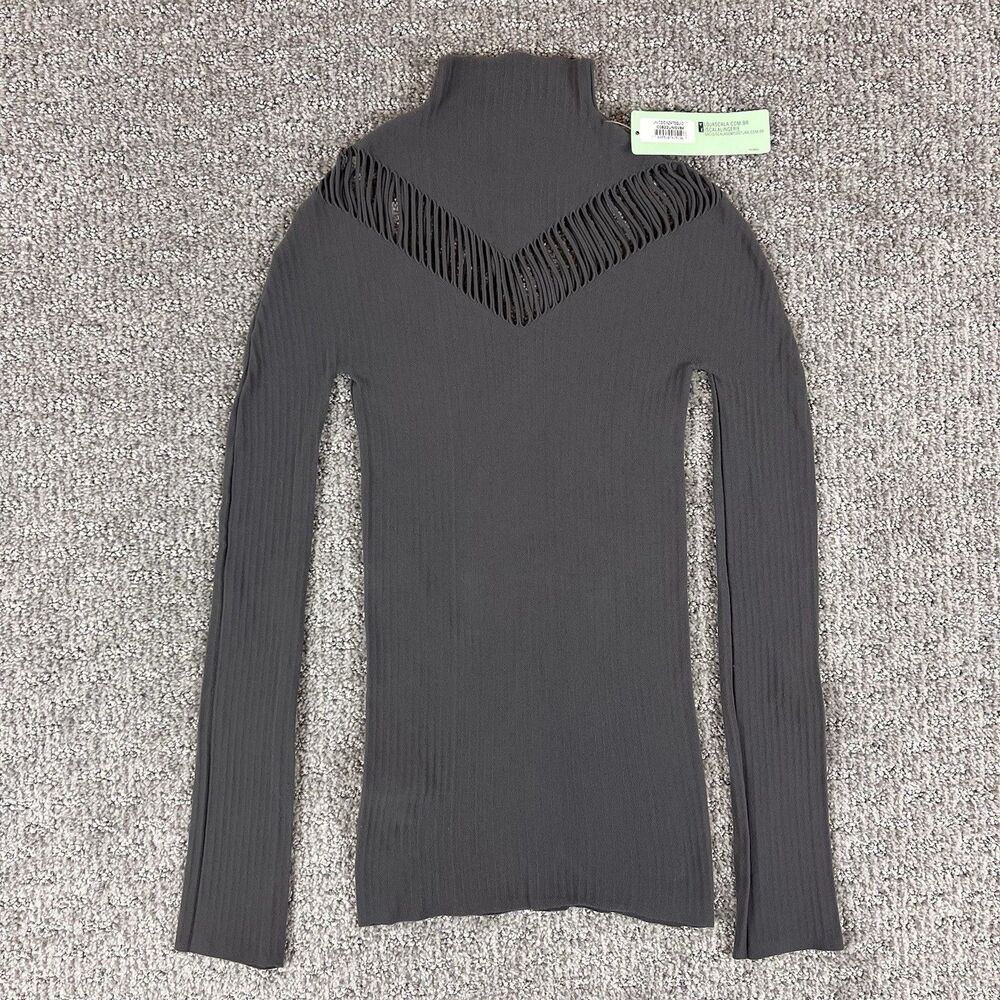 Loja Scala Women Shirt One Size Stretch Mock Neck Top Cut Outs Western Basic